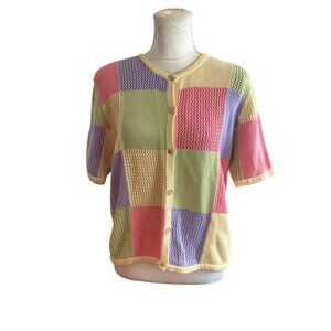 Vintage Christopher Banks Chunky Rainbow Patchwork Button Up Cardigan Y2K Sz M